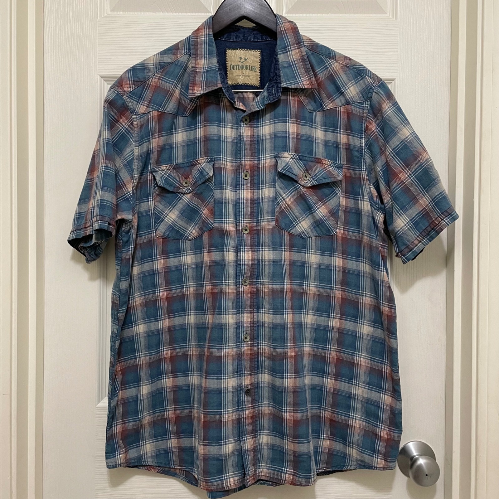 Outdoor Life Plaid Short Sleeve Button Up Shirt Cotton Men's Large Blue Red